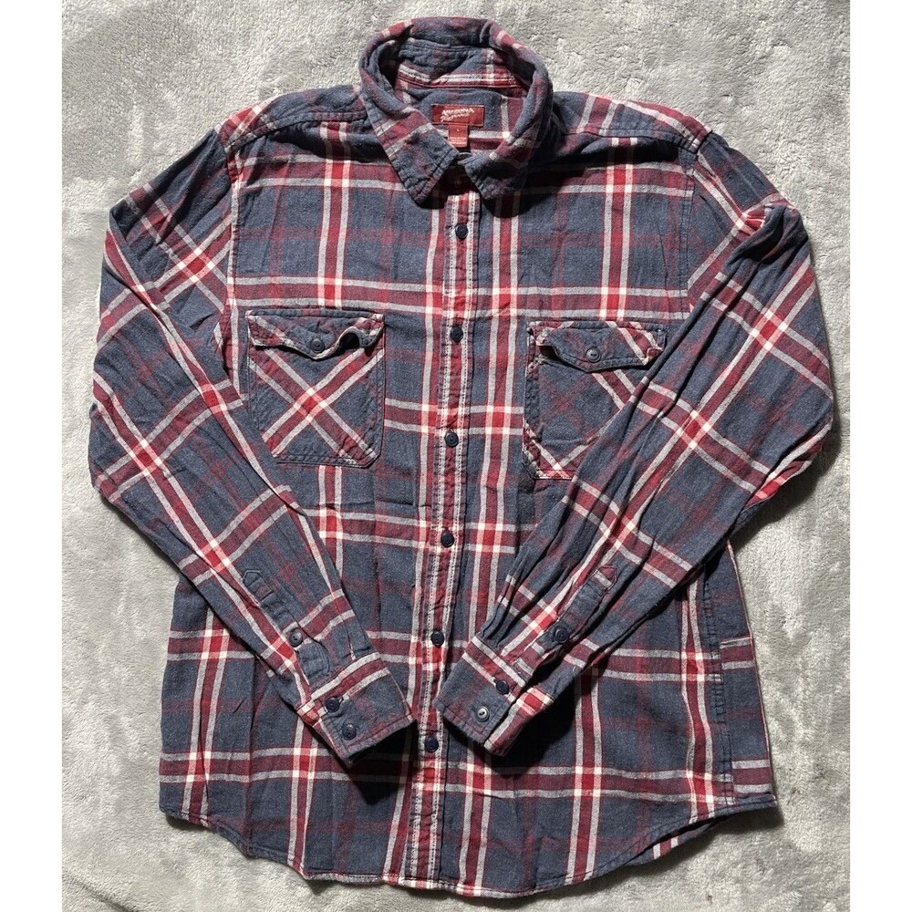 Arizona Jeans Co. Flannel Blue-Gray & Red Plaid Button Up Shirt Women’s Large